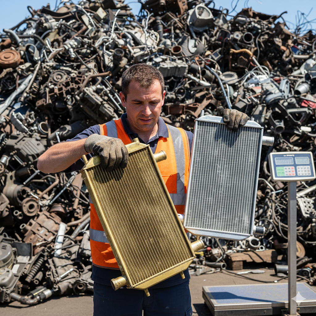 Pracownik skupu porównujący chłodnice aluminiową i mosiężną, w tle sterta skupu innych metali i waga.