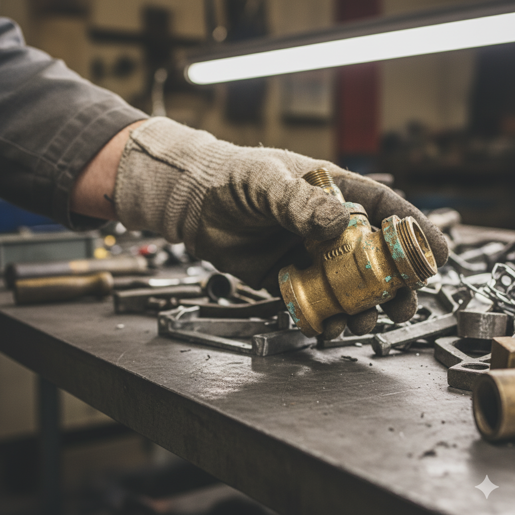 Osoba w rękawicach roboczych trzymająca część łączącą wykonaną z mosiądzu. 