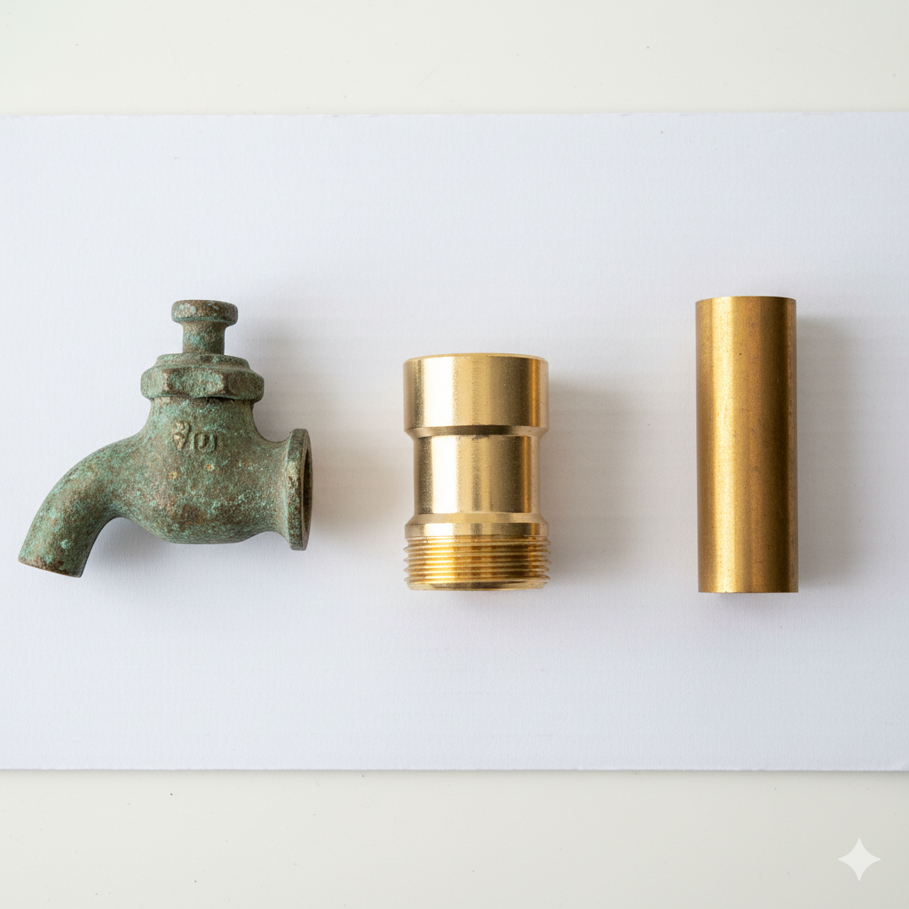 Elementu armatury z mosiądzu - po lewej zaśniedziała, stara część, na środku i po prawej nowe, lśniące elementy, 