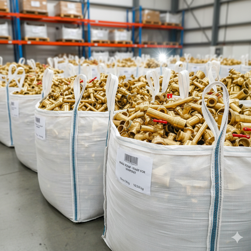 Worki z mosiężnymi elementami czekające na przetopienie w hali skupu mosiądzu. 