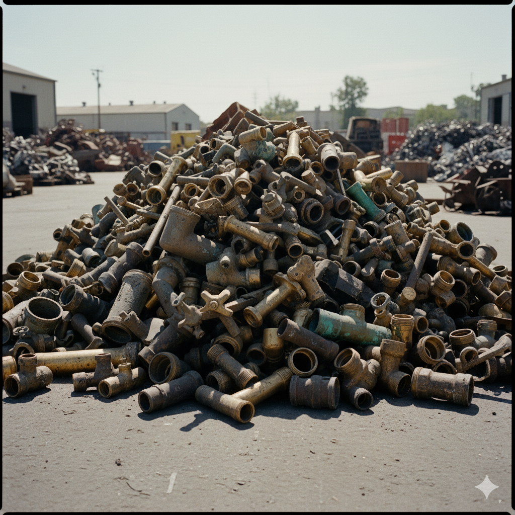 Sterta elementów mosiądzowych - głównie armatury, na placu skupu mosiądzu. 