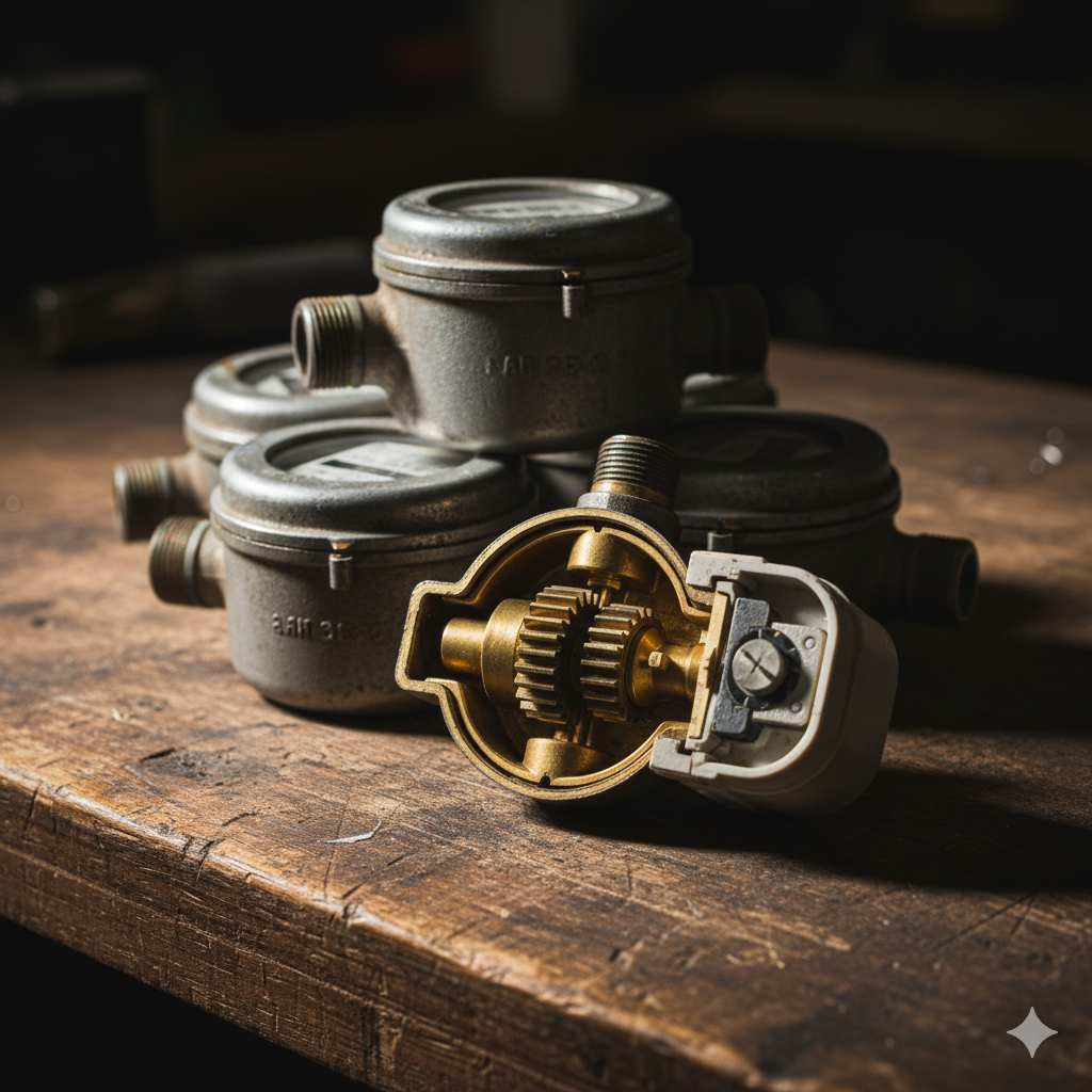 Na zdjęciu widocznych jest kilka mosiężnych wodomierzy.