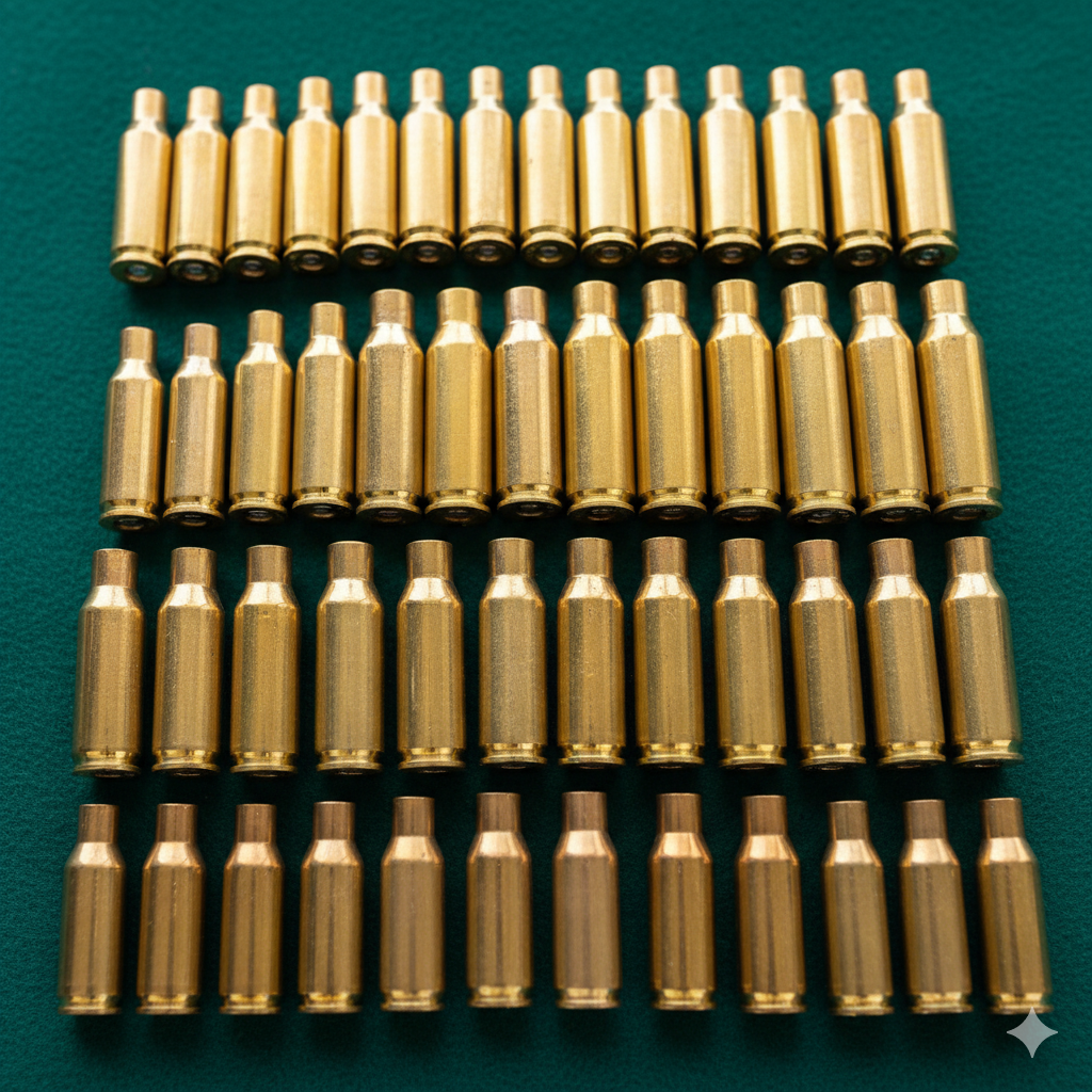 Rząd lśniących łusek mosiężnych.