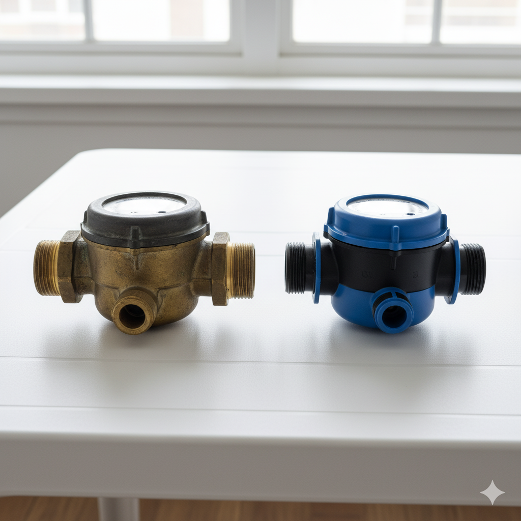 Po prawej jest niebieski plastikowy wodomierz, w porównaniu po lewej jest mosiężny, z charakterystycznym złotym kolorem.
