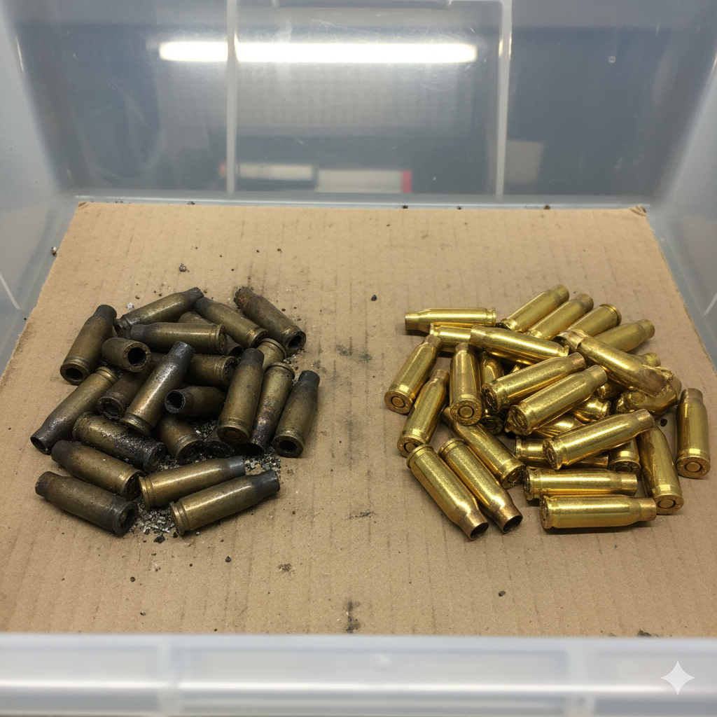 Po prawej czyste łuski mosiężne, po lewej wypalone, zanieczyszczone łuski pokryte sadzą.