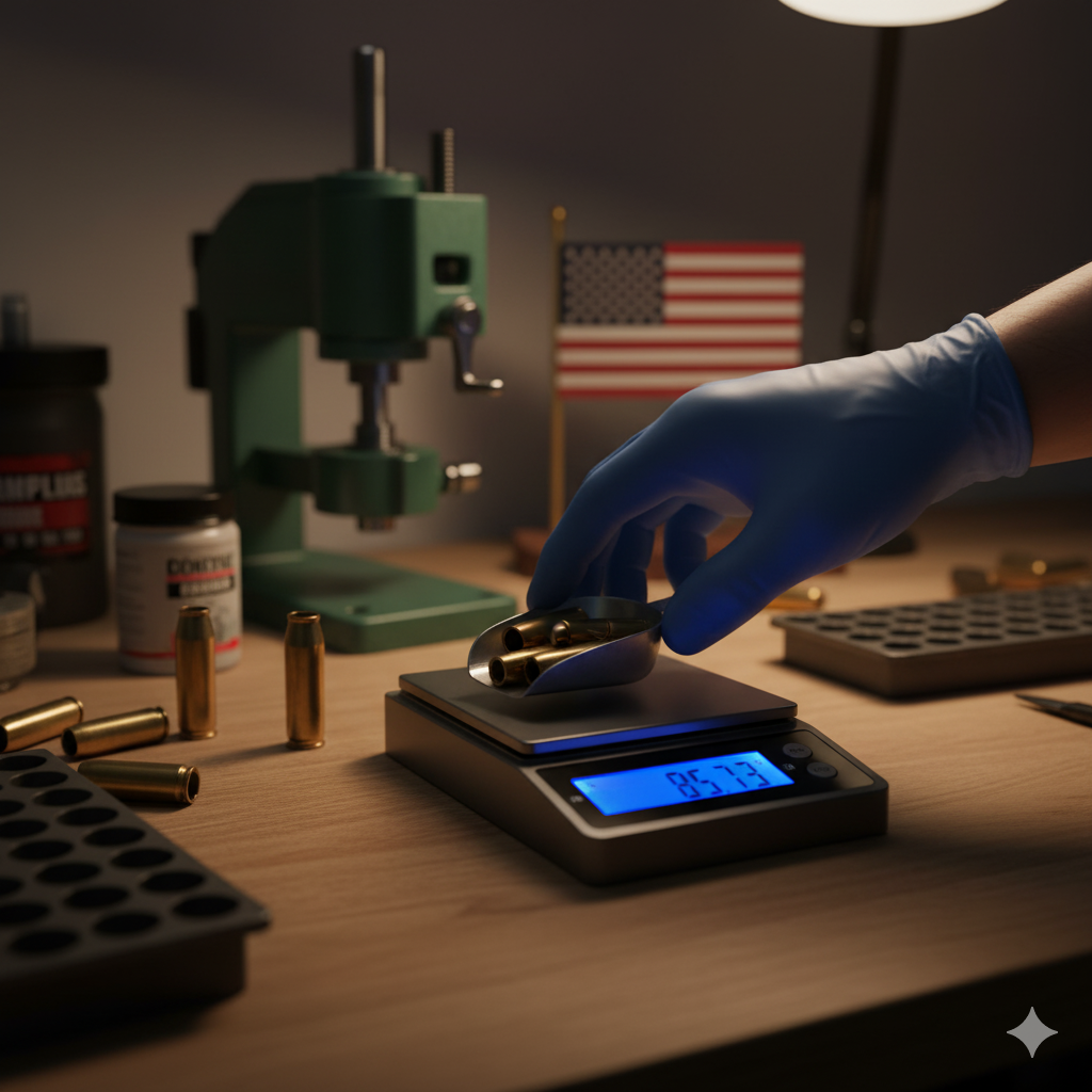 Warsztat, na stole w warsztacie waga, i widoczna ręka ważąca łuski.