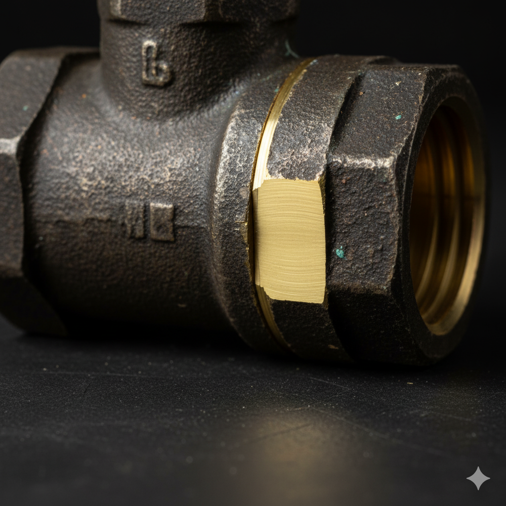 Mosiężny element z wykrojonym elementem pokazującym czystość metalu pod warstwą patyny i brudu. 