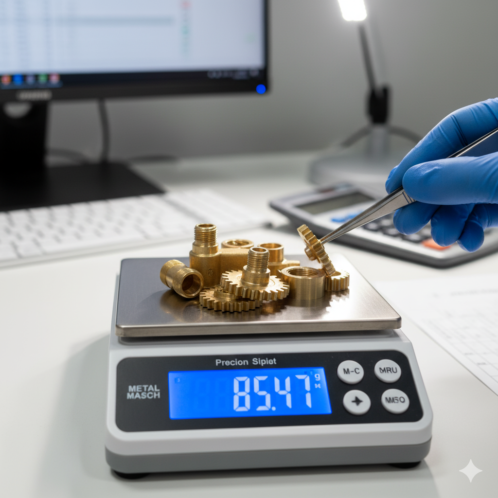Pracownik skupu waży mosiężne elementy z wodomierzy na wadze laboratoryjnej.