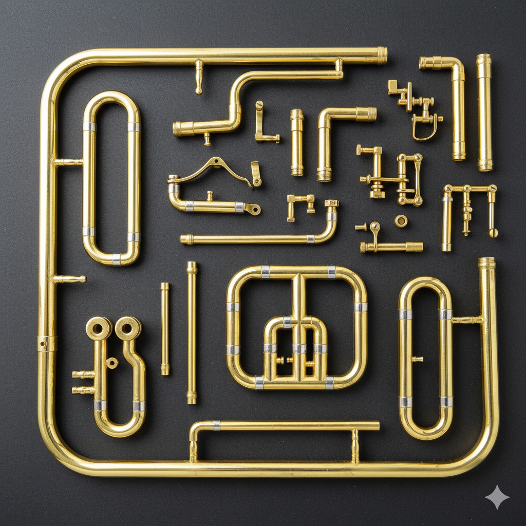 Części rozłożonego instrumentu mosiężnego.