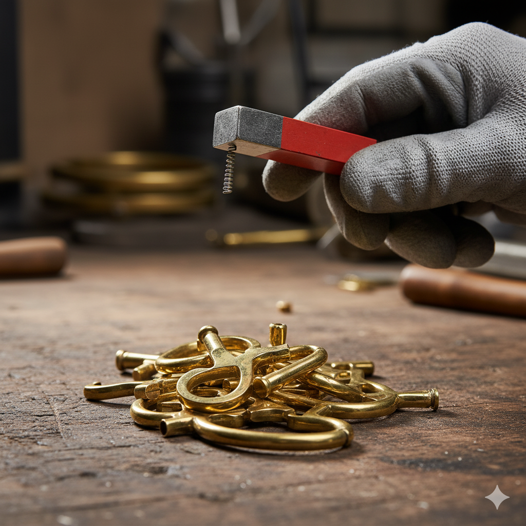 Osoba usuwa magnesem stalowe części instrumentu.