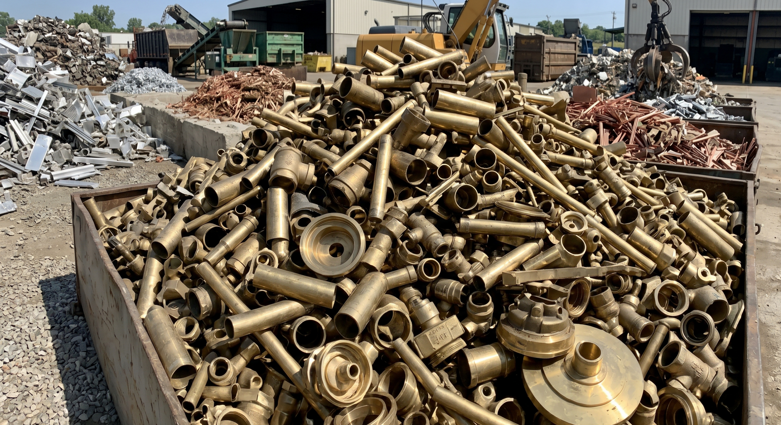 Na zdjęciu widoczny jest skup metali kolorowych, z paletą części mosiężnych. Na dalszym planie widoczne są palety z miedzią - od niej również zależy cena mosiądzu.