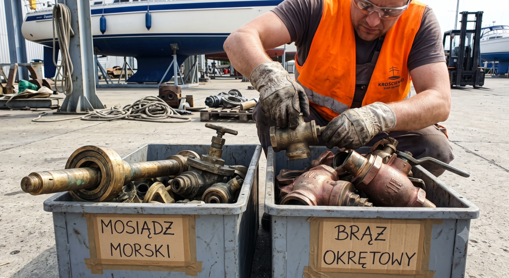 Pracownik skupu złomu ręcznie sortujący mosiądz morski i brąz okrętowy,